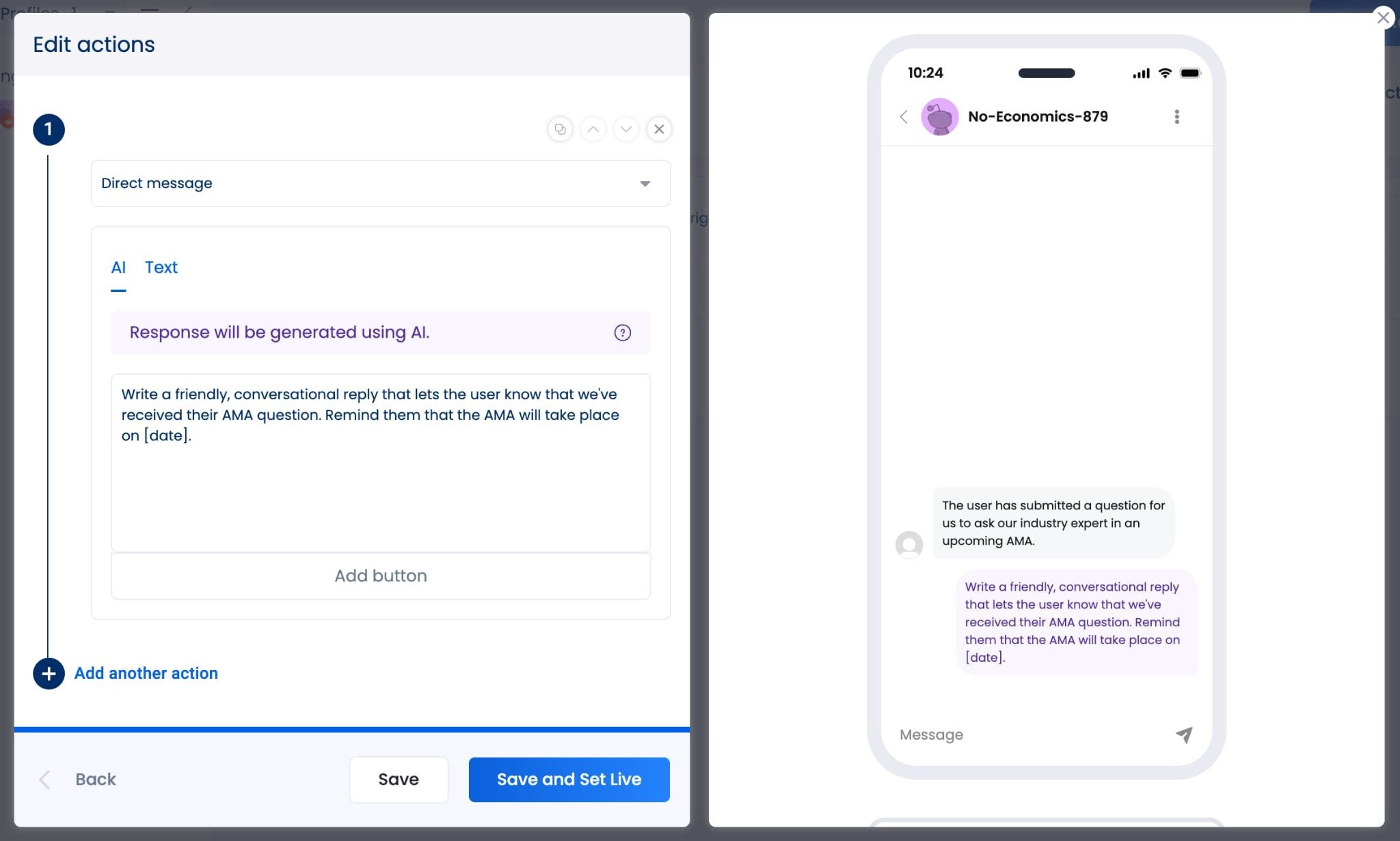 The DM automation screen creating an auto-response to a Reddit DM about an AMA question submission.