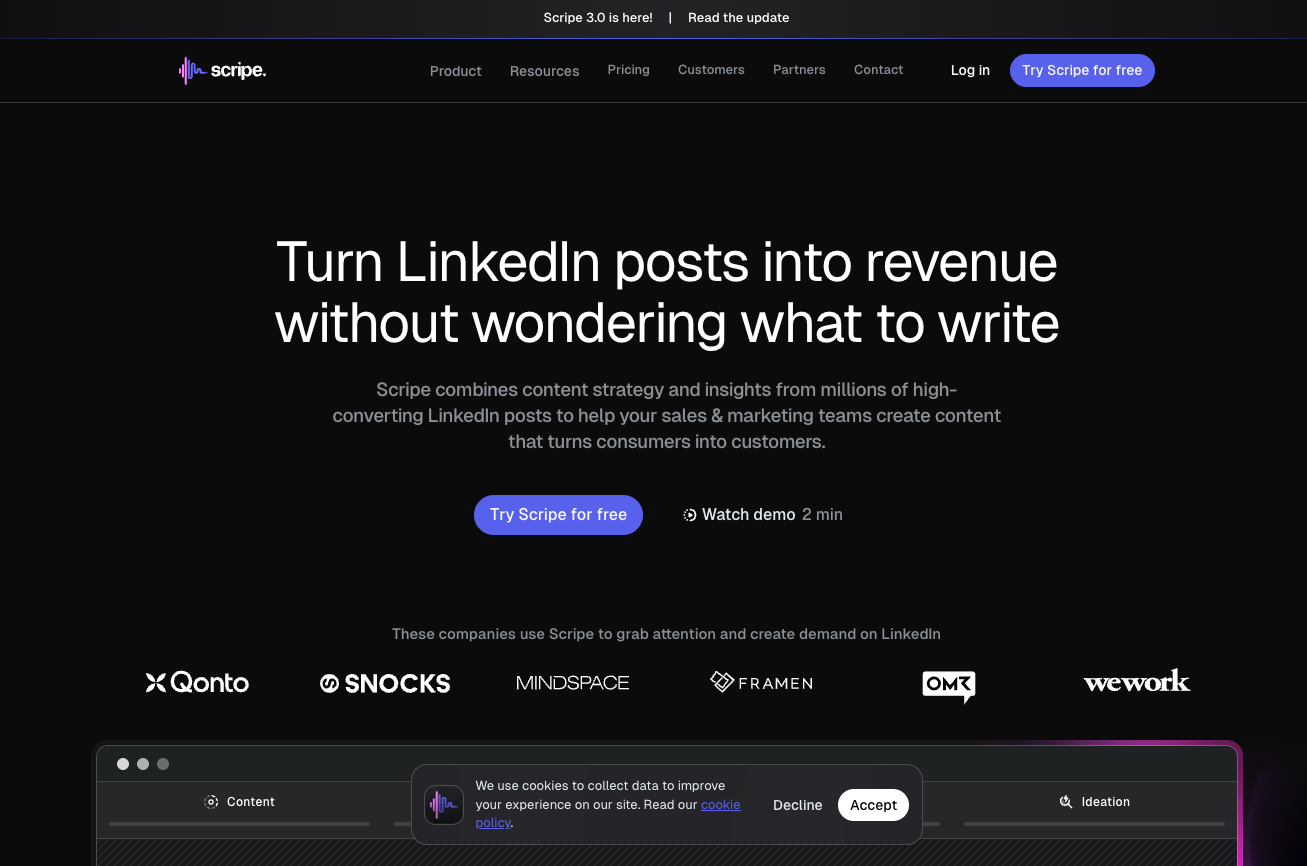 LinkedIn AI tool Scripe's website.