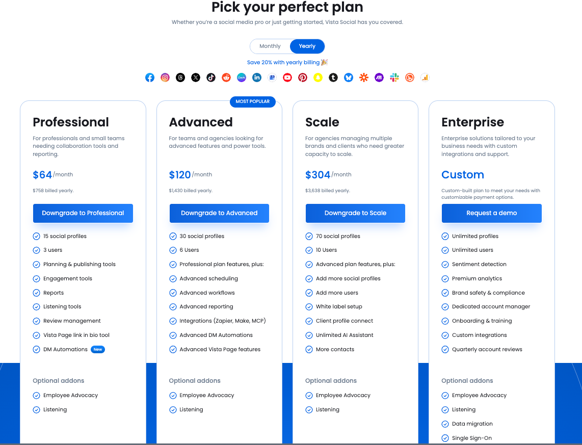 LinkedIn AI tool Vista Social's pricing page.