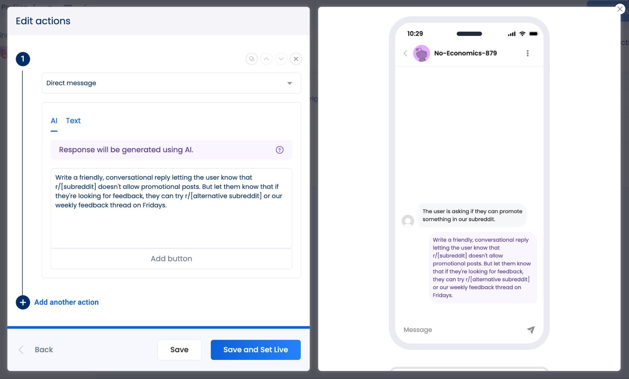 The DM automation screen creating an auto-response to a Reddit DM about subreddit rule reminders.