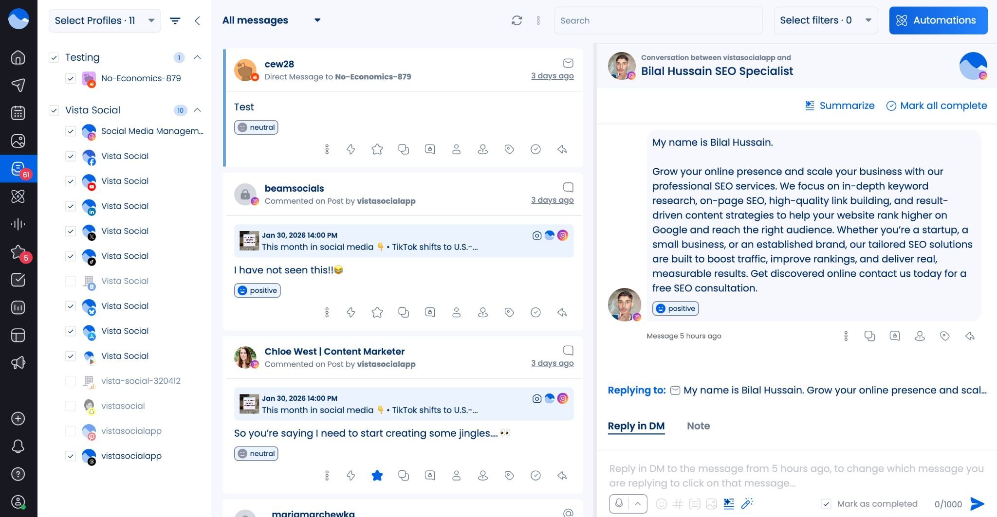 The social inbox in Vista Social.