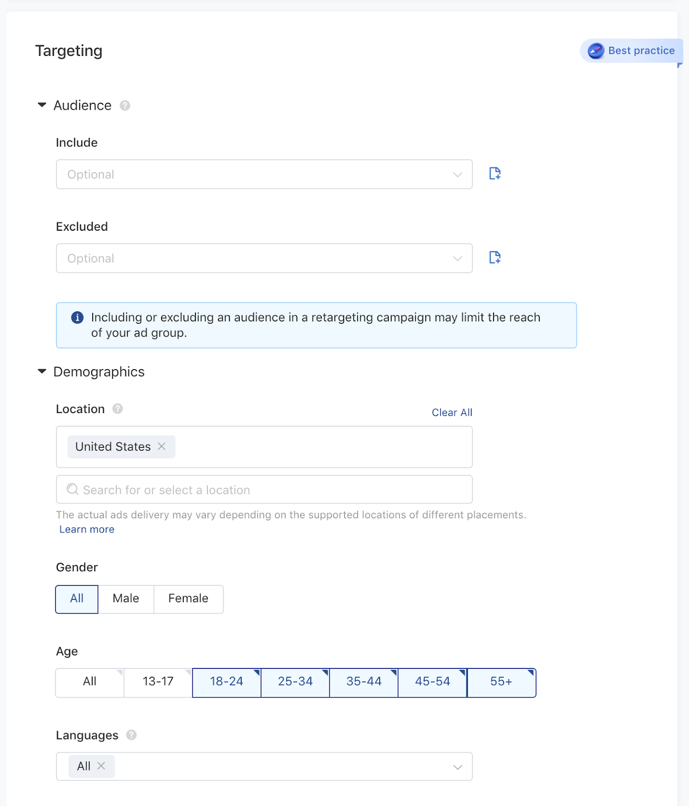 A screenshot of the TikTok ad targeting interface.