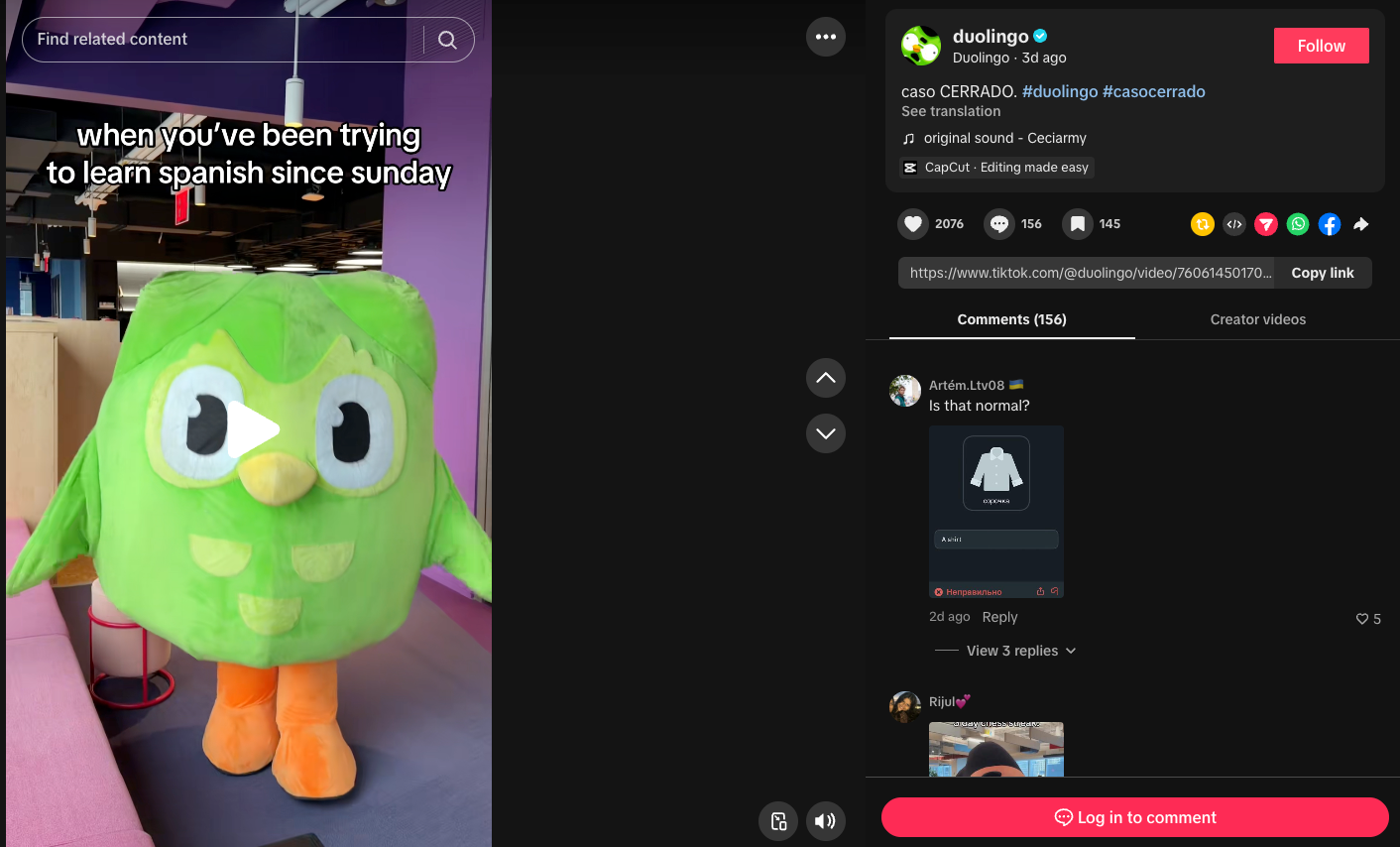 A screenshot of a TikTok ad from Duolingo.