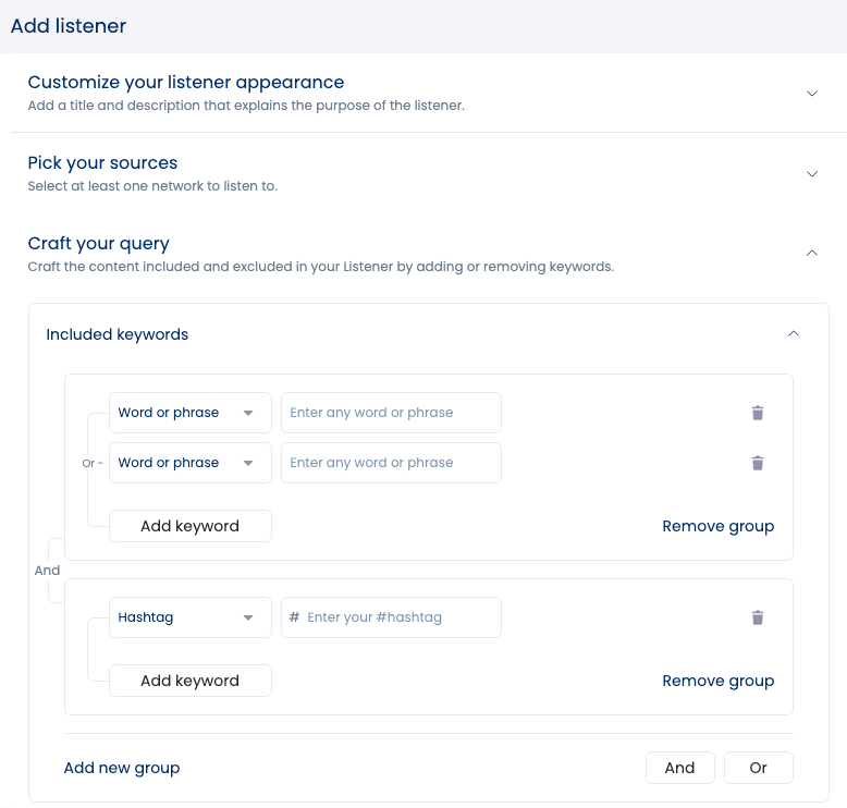 The interface for creating a new listener and adding your keywords to track in Vista Social.