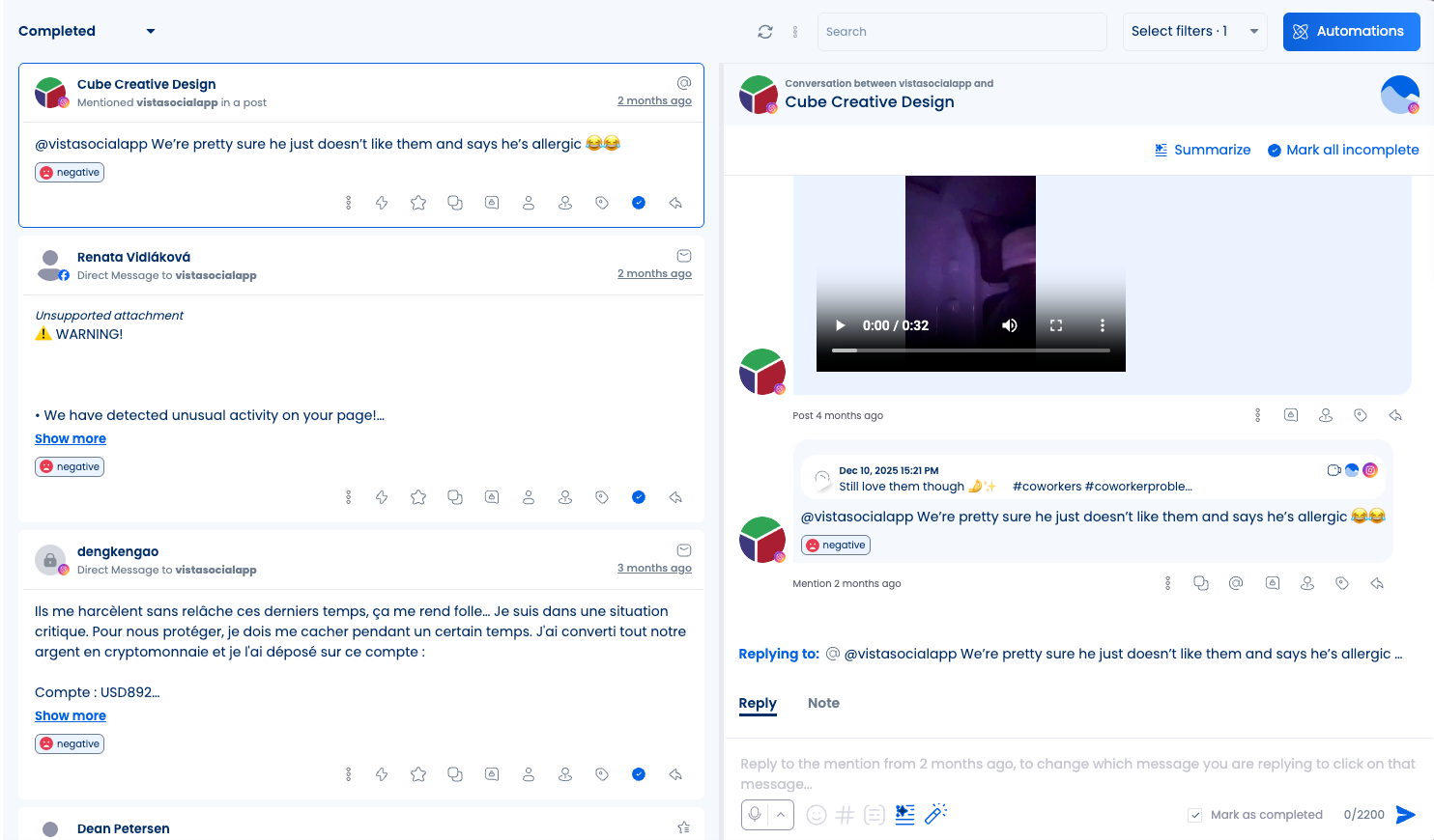 A screenshot showcasing sentiment of different online mentions in Vista Social.