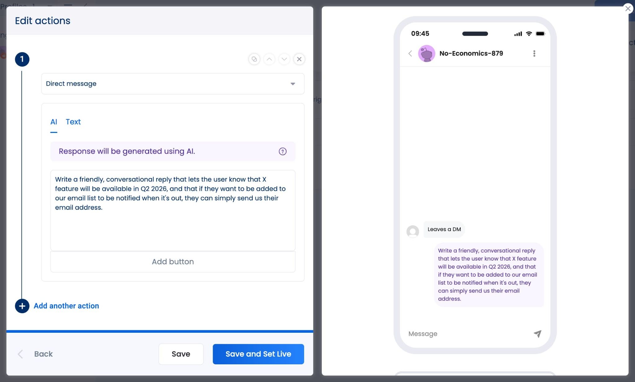 The DM automation screen creating an auto-response to a Reddit DM about new features coming soon.