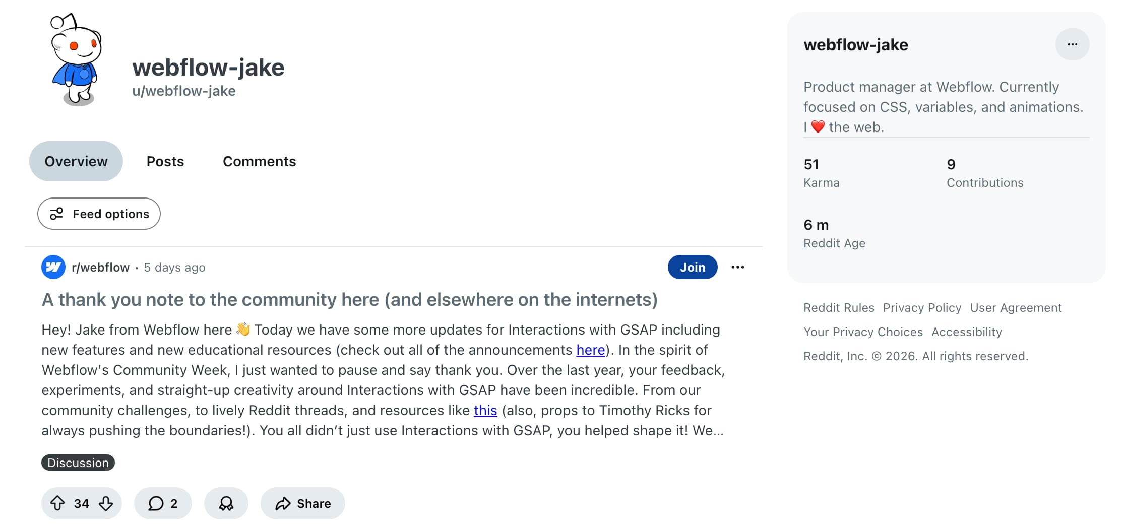 A Reddit user that represents the brand Webflow.