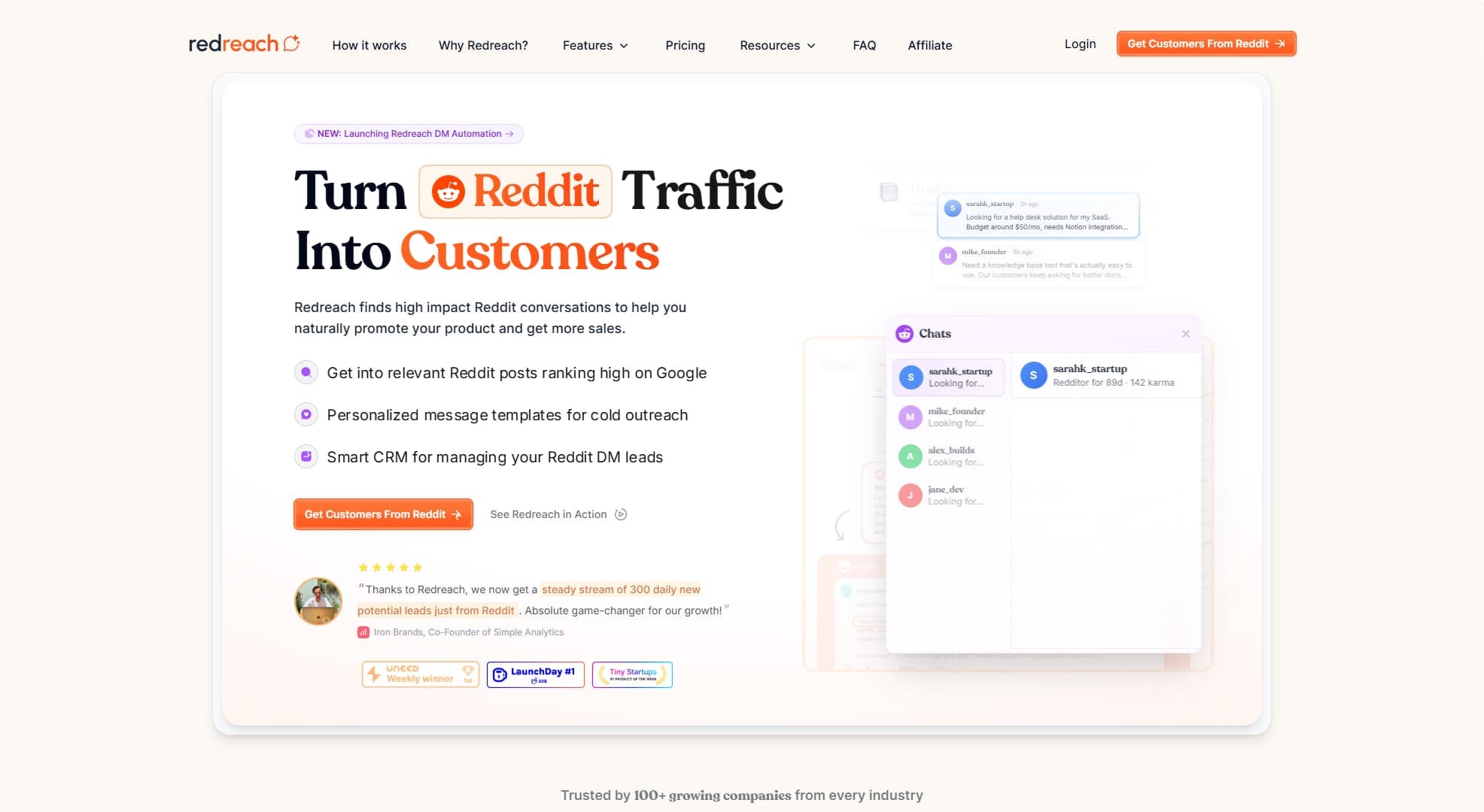 Reddit marketing tool Redreach's website.