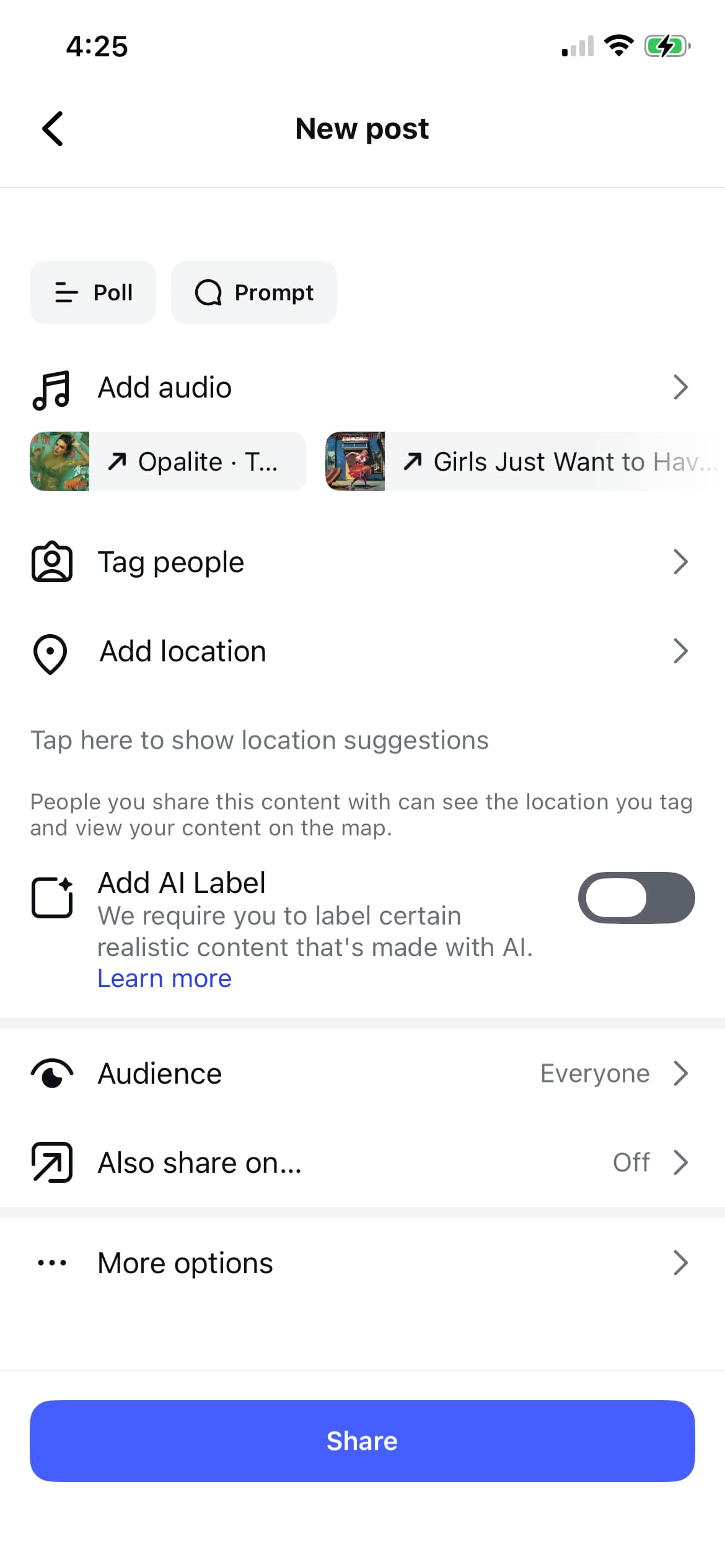 A screenshot showing where to find alt text while sharing an Instagram post.