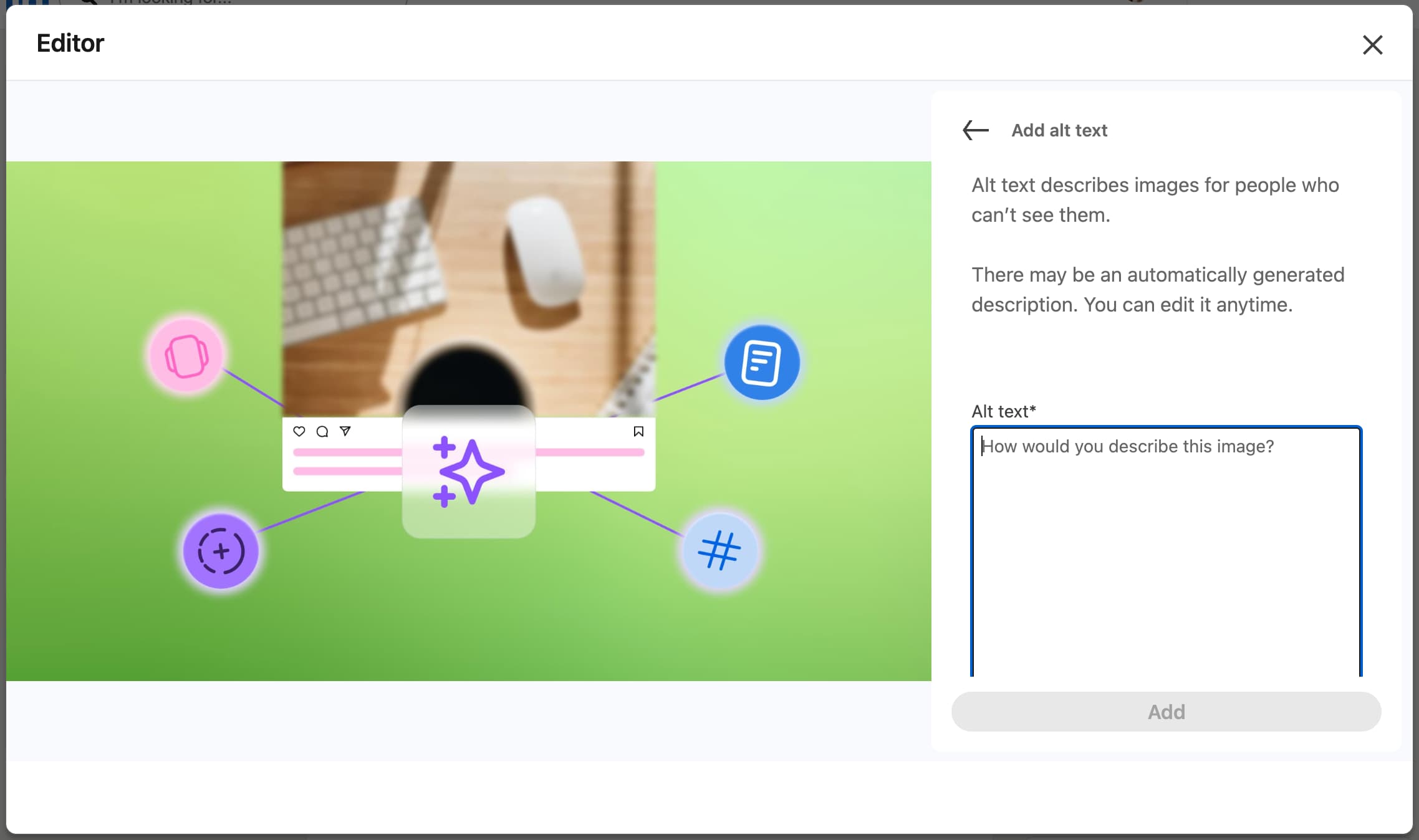 The alt text interface on a LinkedIn post.