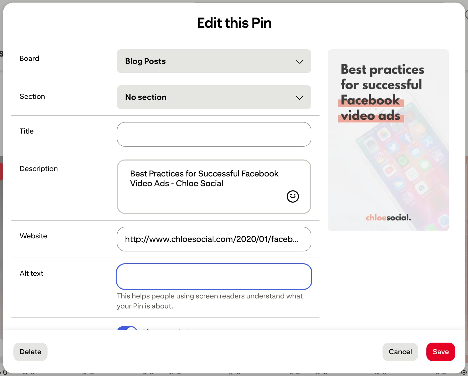 A screenshot showing where to add alt text to a Pinterest pin.