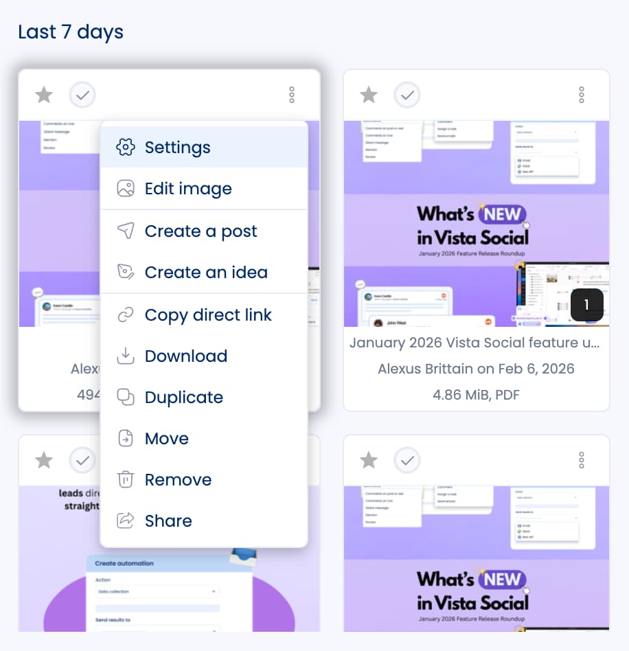 A screenshot showing how to access your Vista Social media library image settings to add alt text.