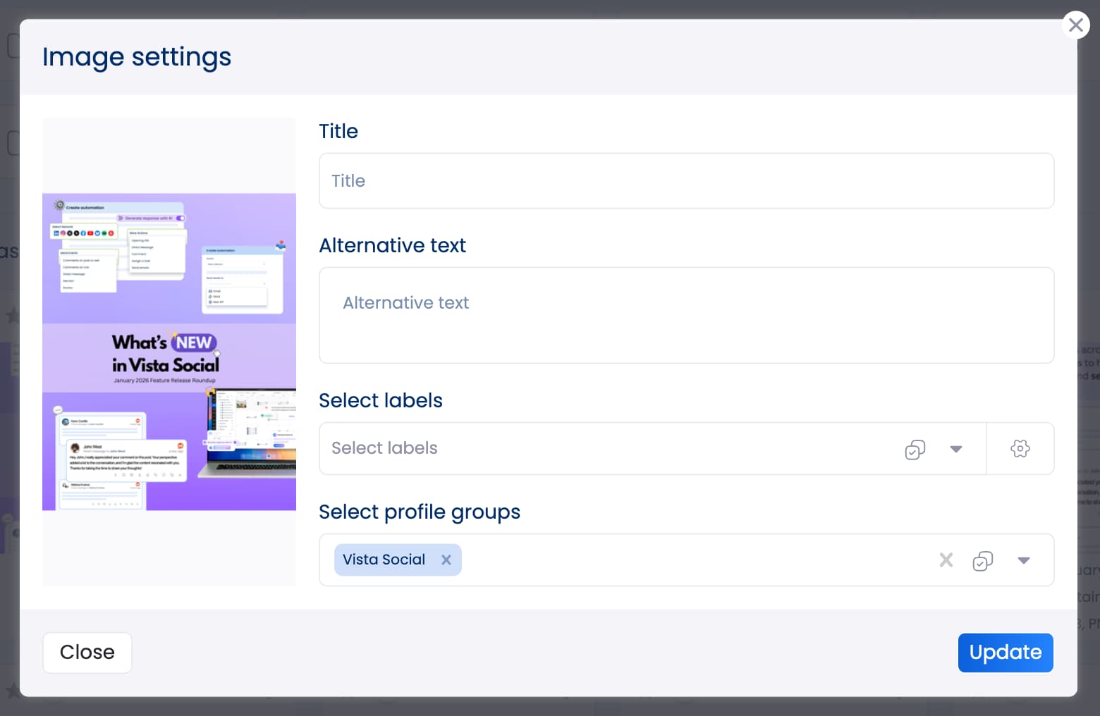 The image settings for images in Vista Social's media library.