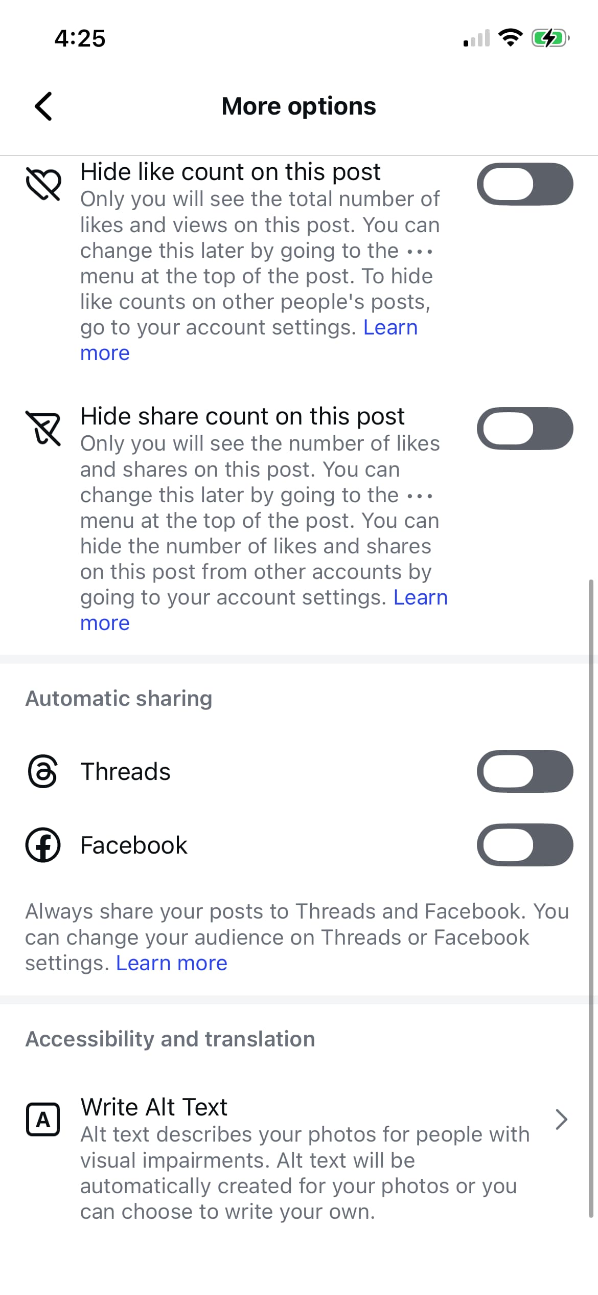 A screenshot showcasing the "Write Alt Text" option on an Instagram post.