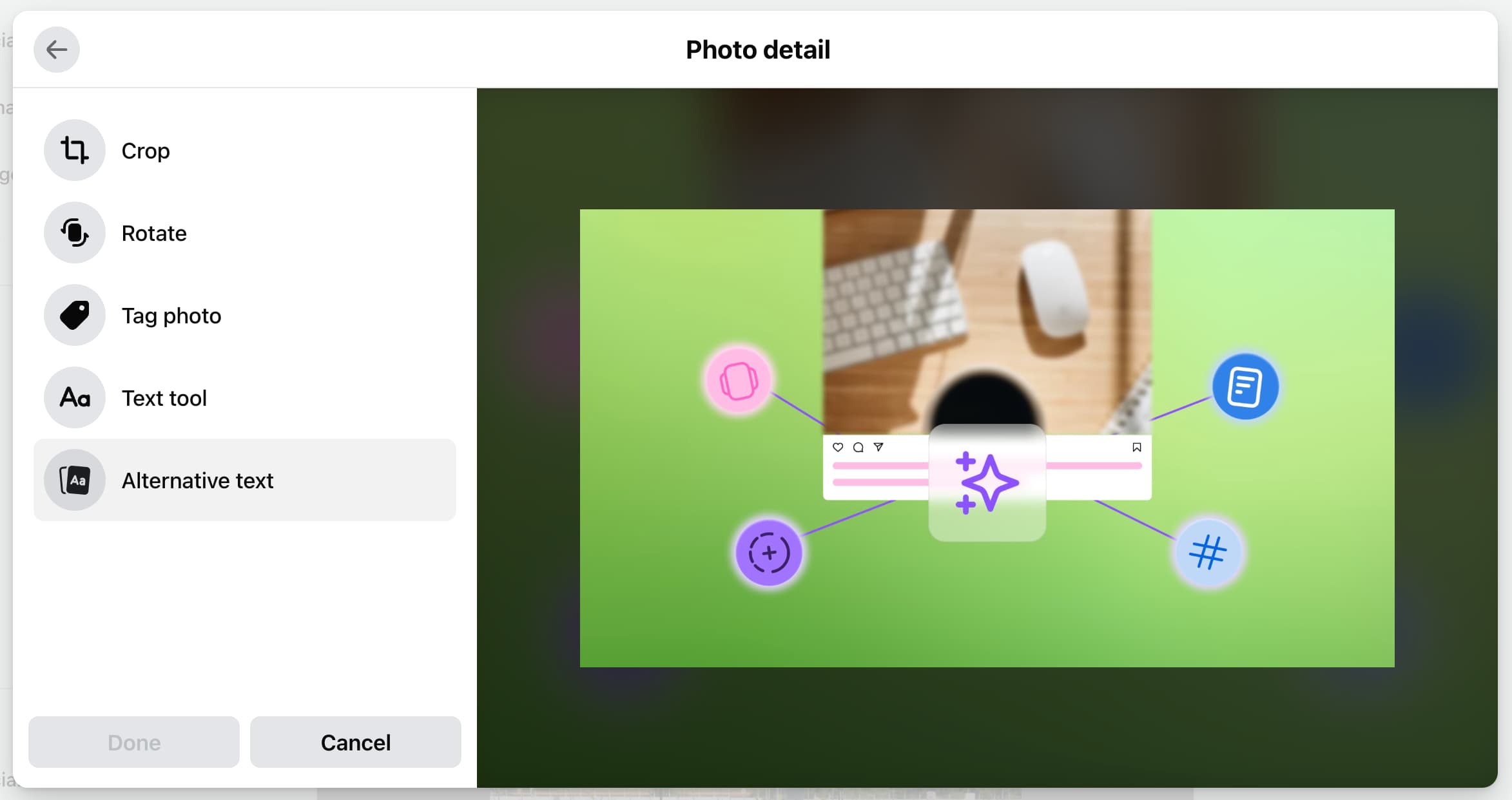 The Alternative text option in Facebook posts.
