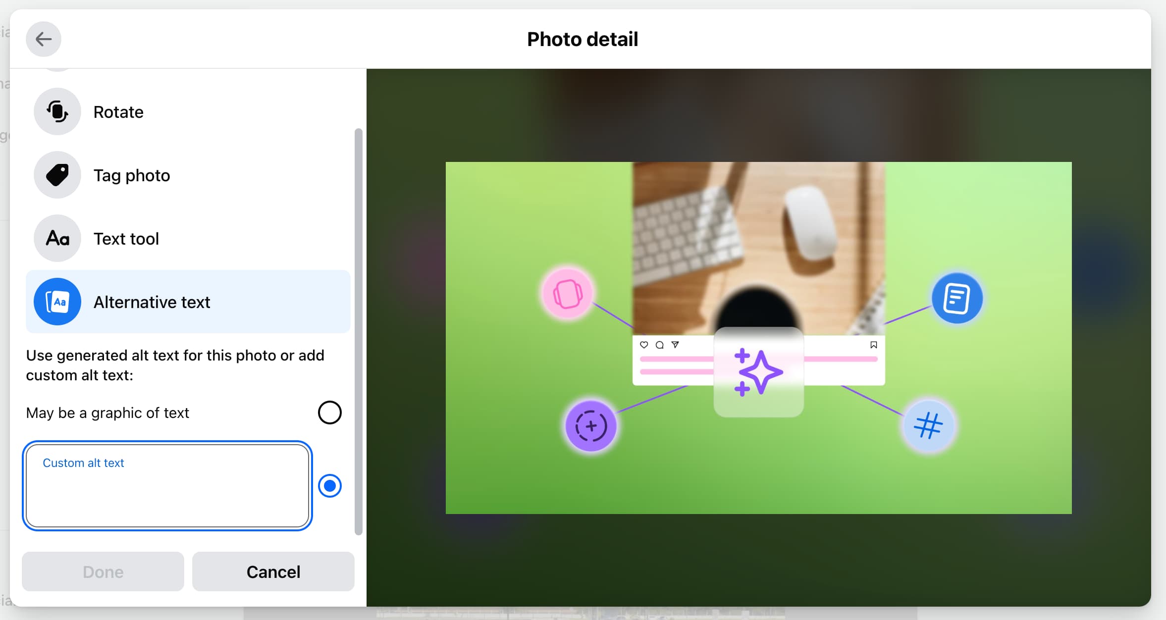 Where to add alt text on a Facebook post.