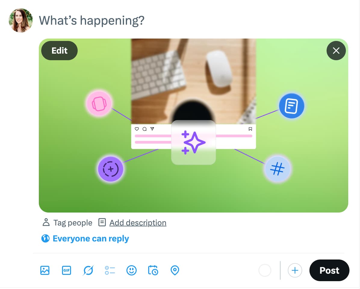 A screenshot showing where to edit a post on X/Twitter to add alt text.