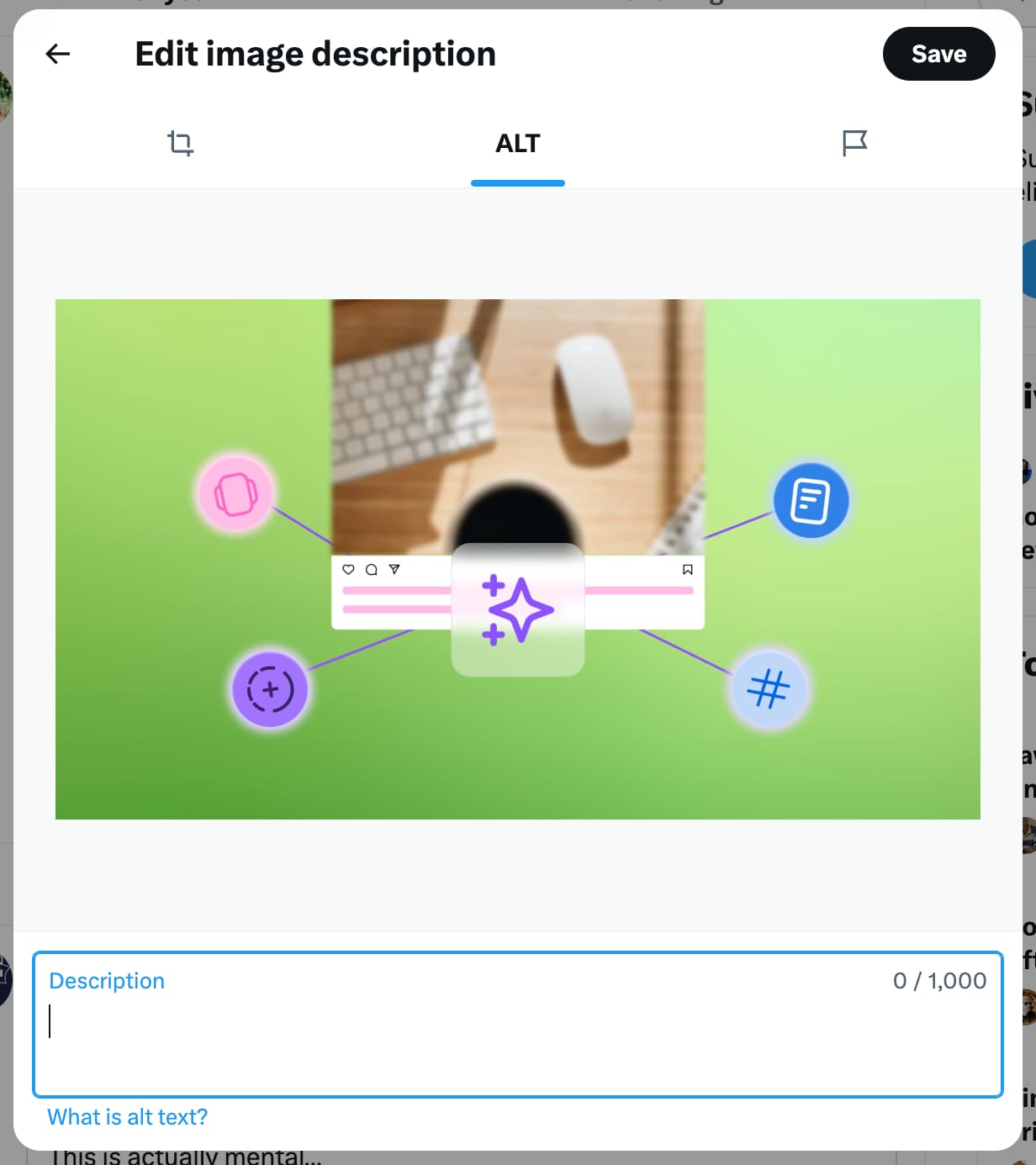 The alt text interface on an X/Twitter post.