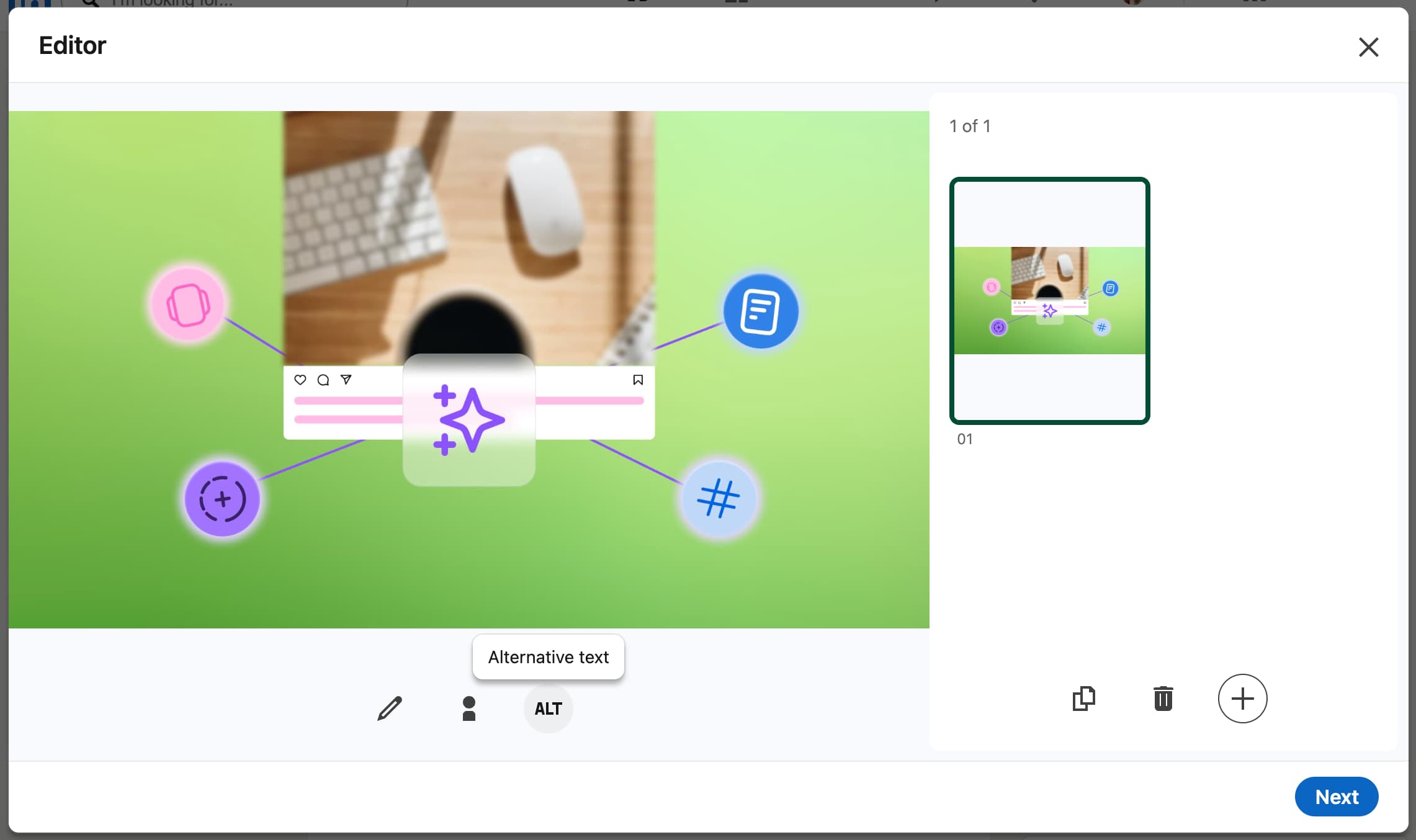 A screenshot showing where to add alt text on a LinkedIn post.