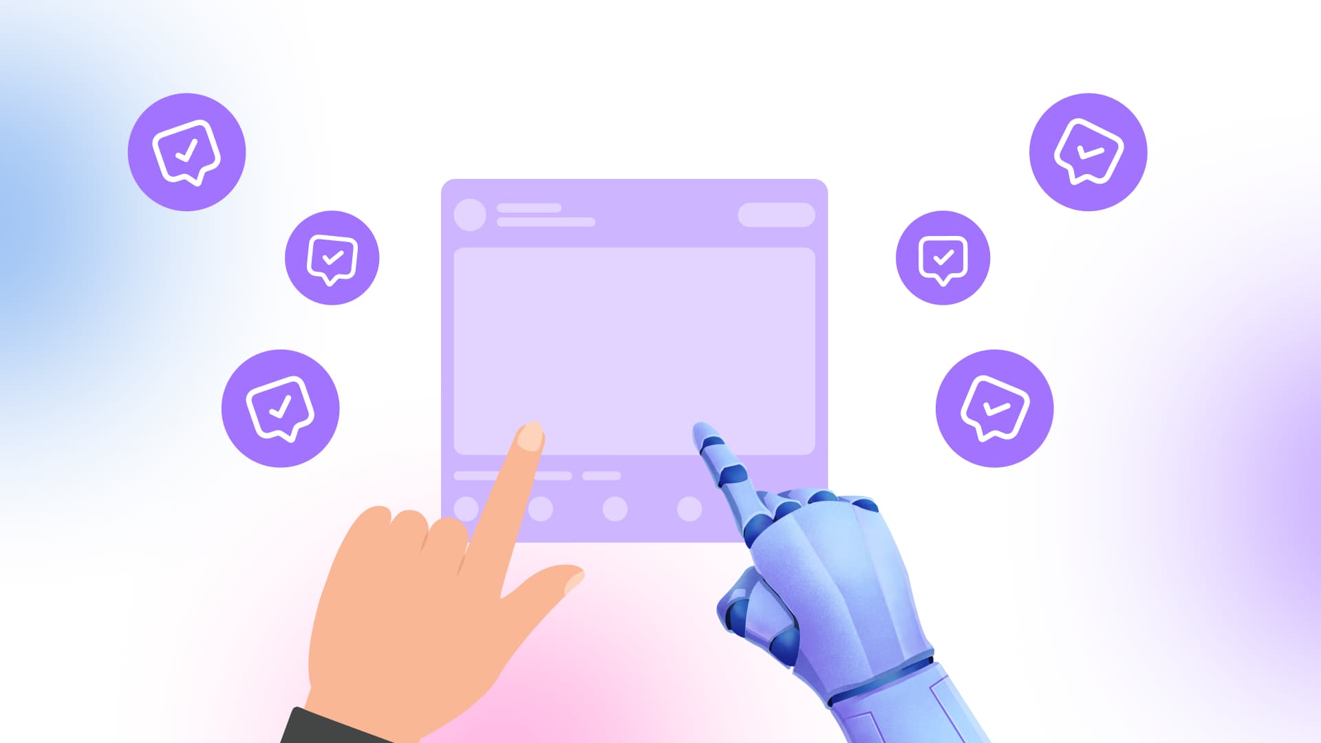 An illustration of a human and bot working together to respond to social media comments.