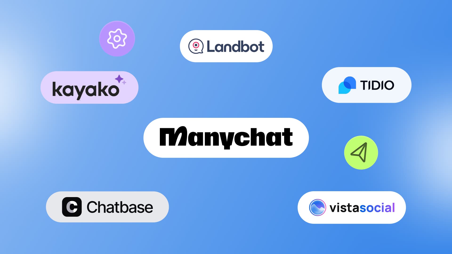 An illustration showcasing different Manychat alternatives like Vista Social, Landbot, and Tidio.
