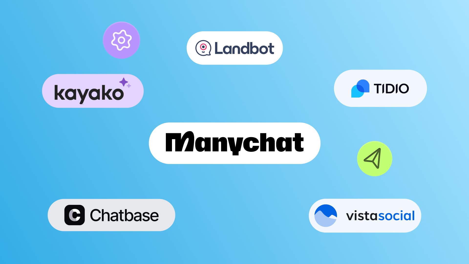 An illustration showcasing different Manychat alternatives like Vista Social, Landbot, and Tidio.