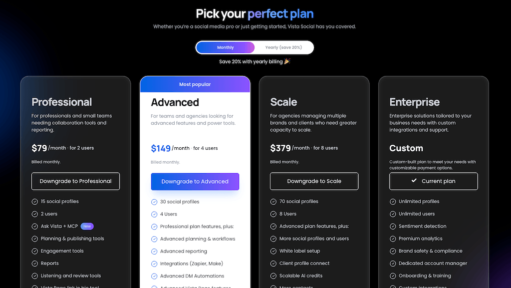 The dark mode pricing table page for Vista Social displaying Professional, Advanced, Scale, and Enterprise plans.