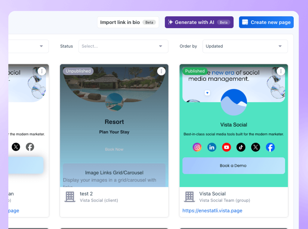 The Vista Page link-in-bio management dashboard showing published and unpublished custom landing page templates.