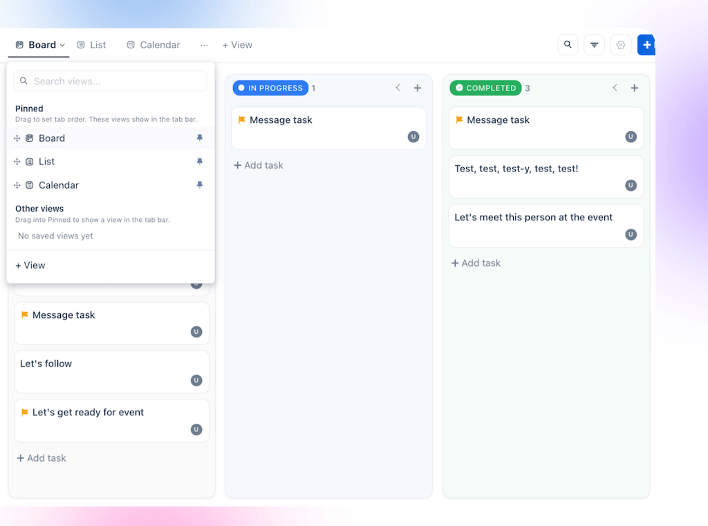 A Kanban board view in Vista Work organizing project tasks into In Progress and Completed status columns.