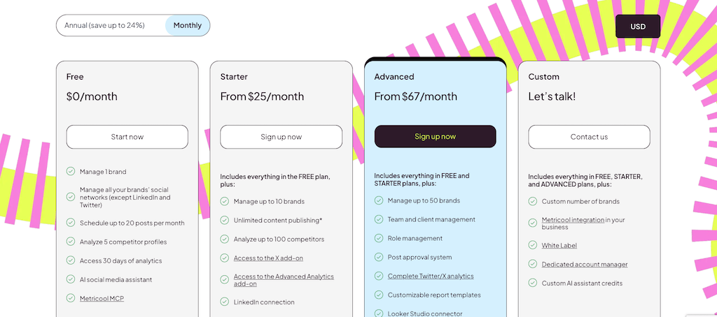 The pricing plan selection page for Metricool showing Free, Starter, Advanced, and Custom subscription options.
