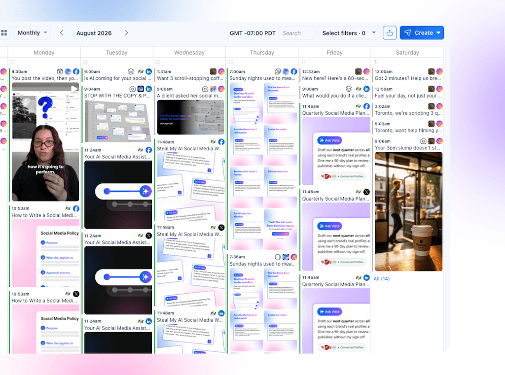 The monthly content calendar grid view in Vista Social displaying scheduled multi-platform video and image posts.