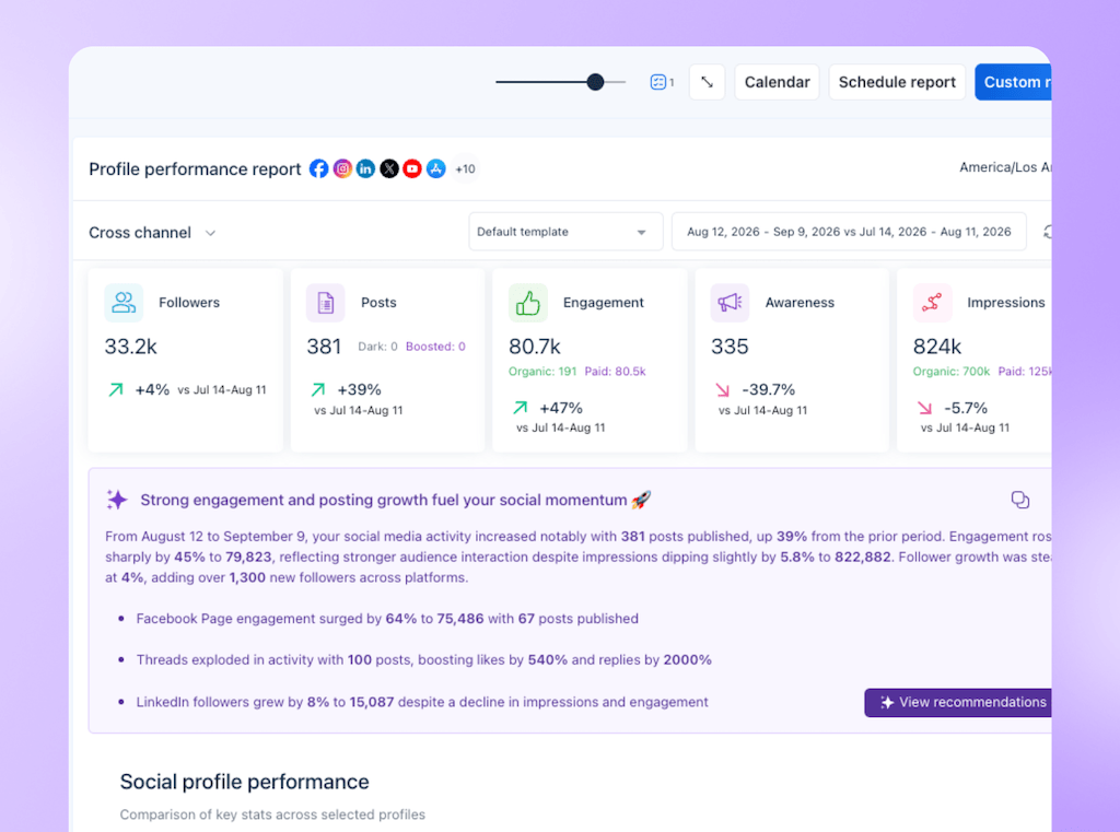 The Profile Performance Report dashboard in Vista Social showing cross-channel audience growth and engagement analytics.