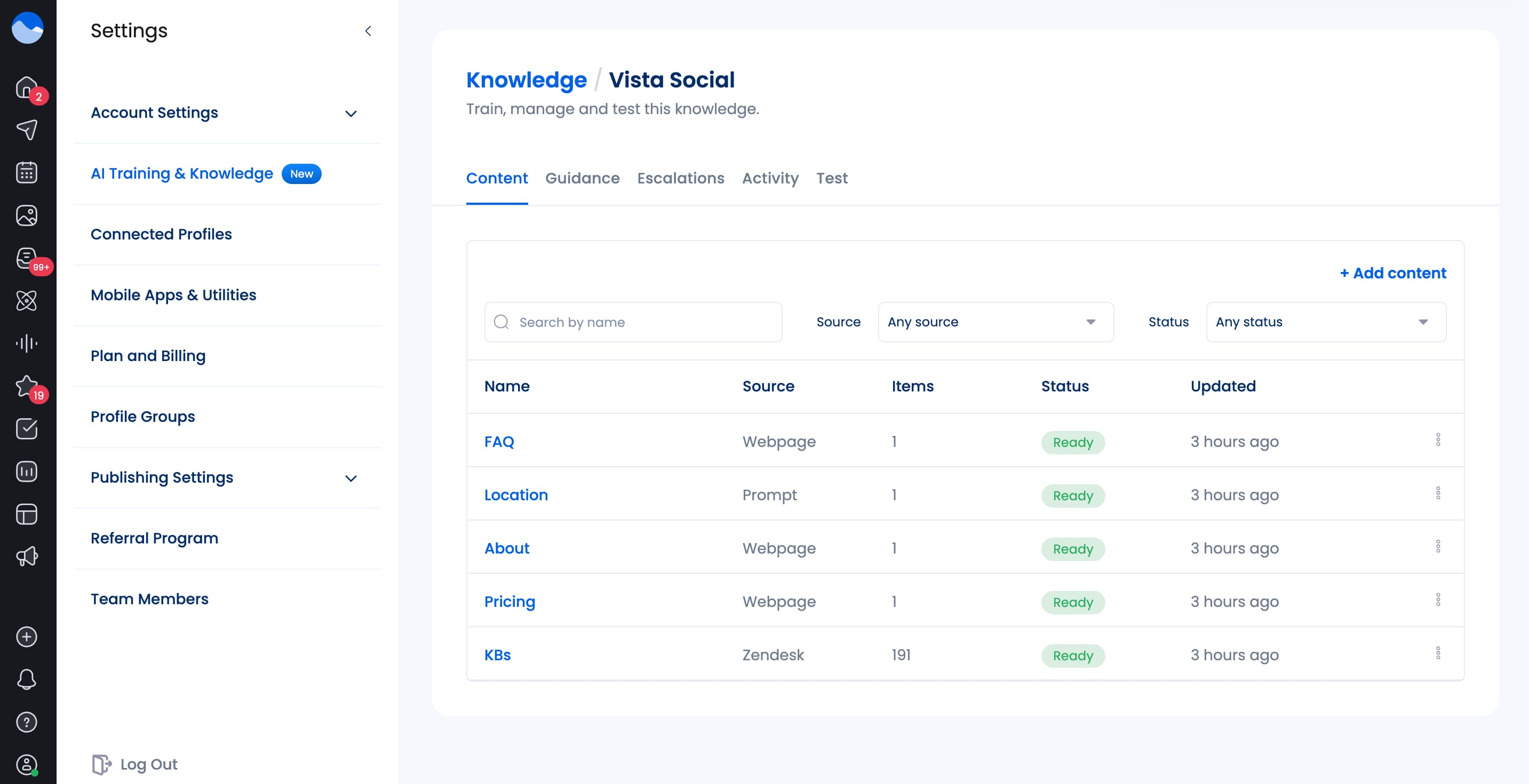 The AI Knowledge settings in Vista Social where users can input brand data to train the AI.