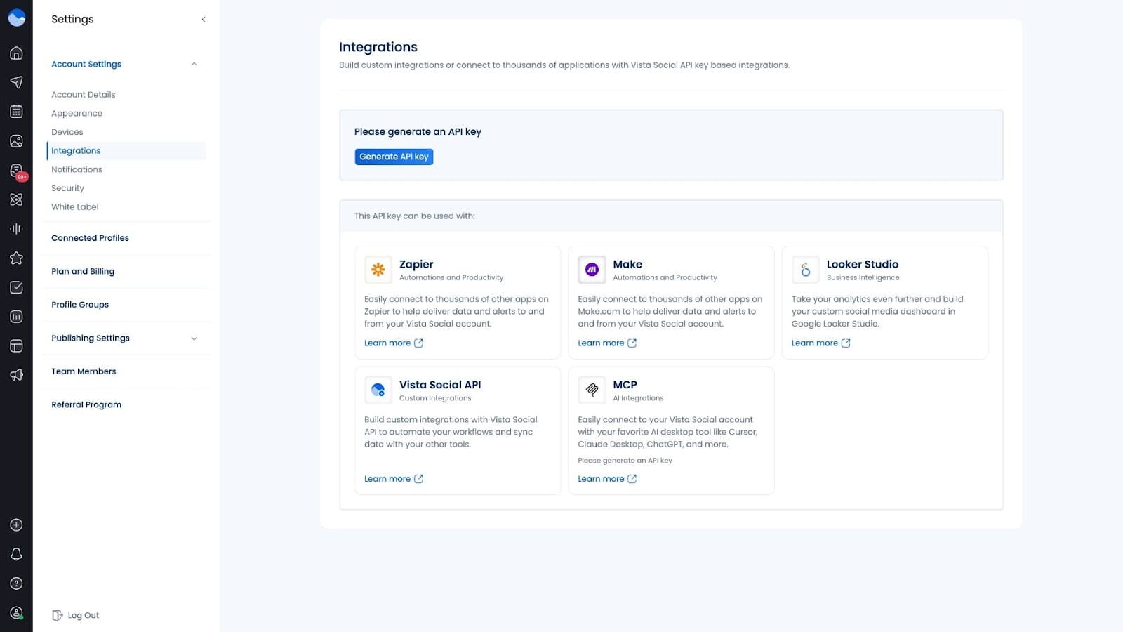 A screenshot of Vista Social's integration settings where the MCP key lives.