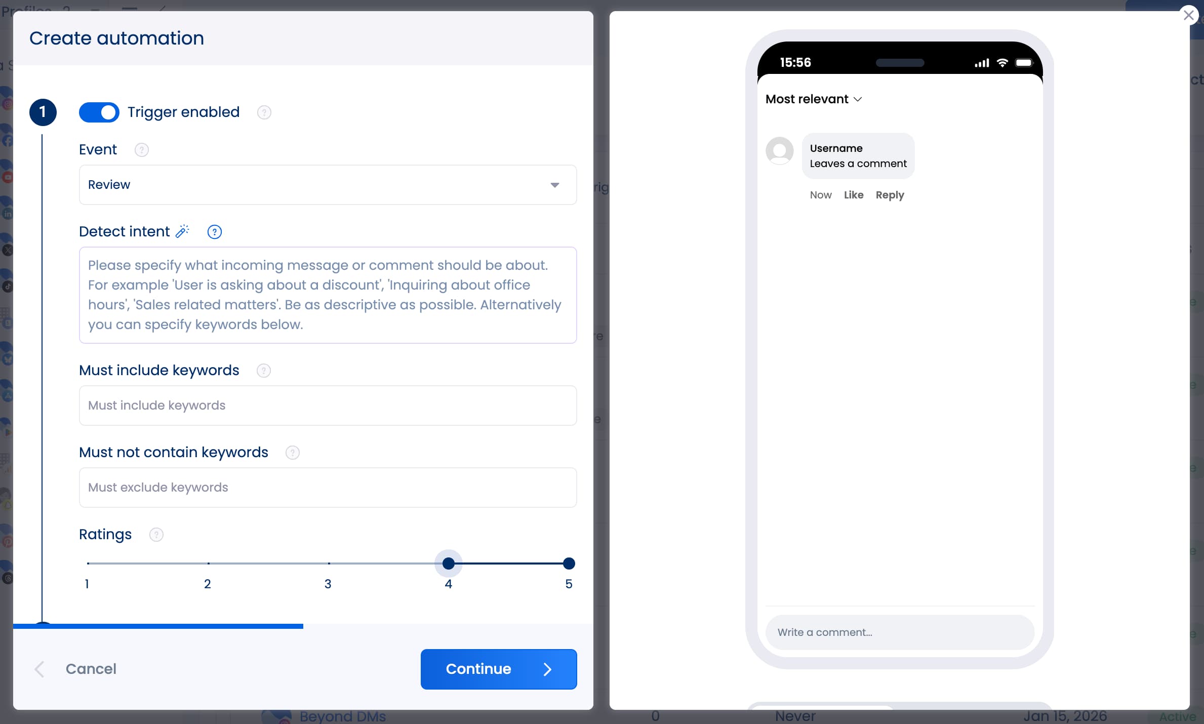 The window in Vista Social's automation setup that lets users choose their trigger action. In this instance, it's a 4-5 star review.
