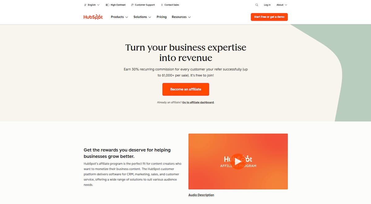 HubSpot's affiliate program details page.