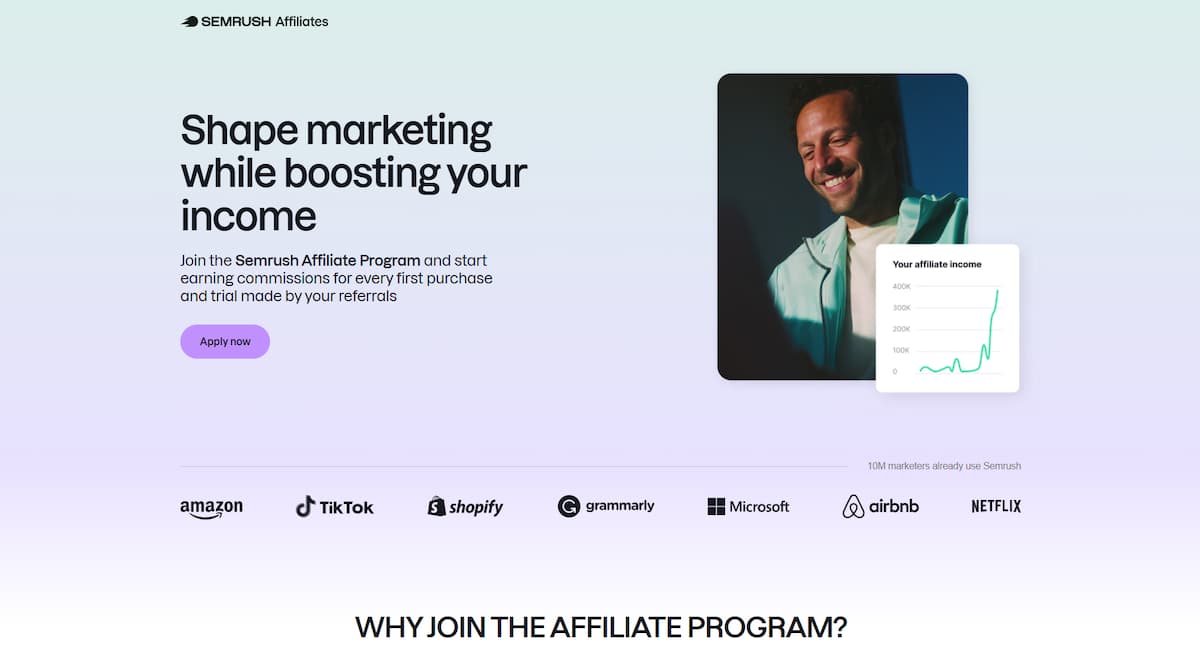 Semrush's affiliate program details page.