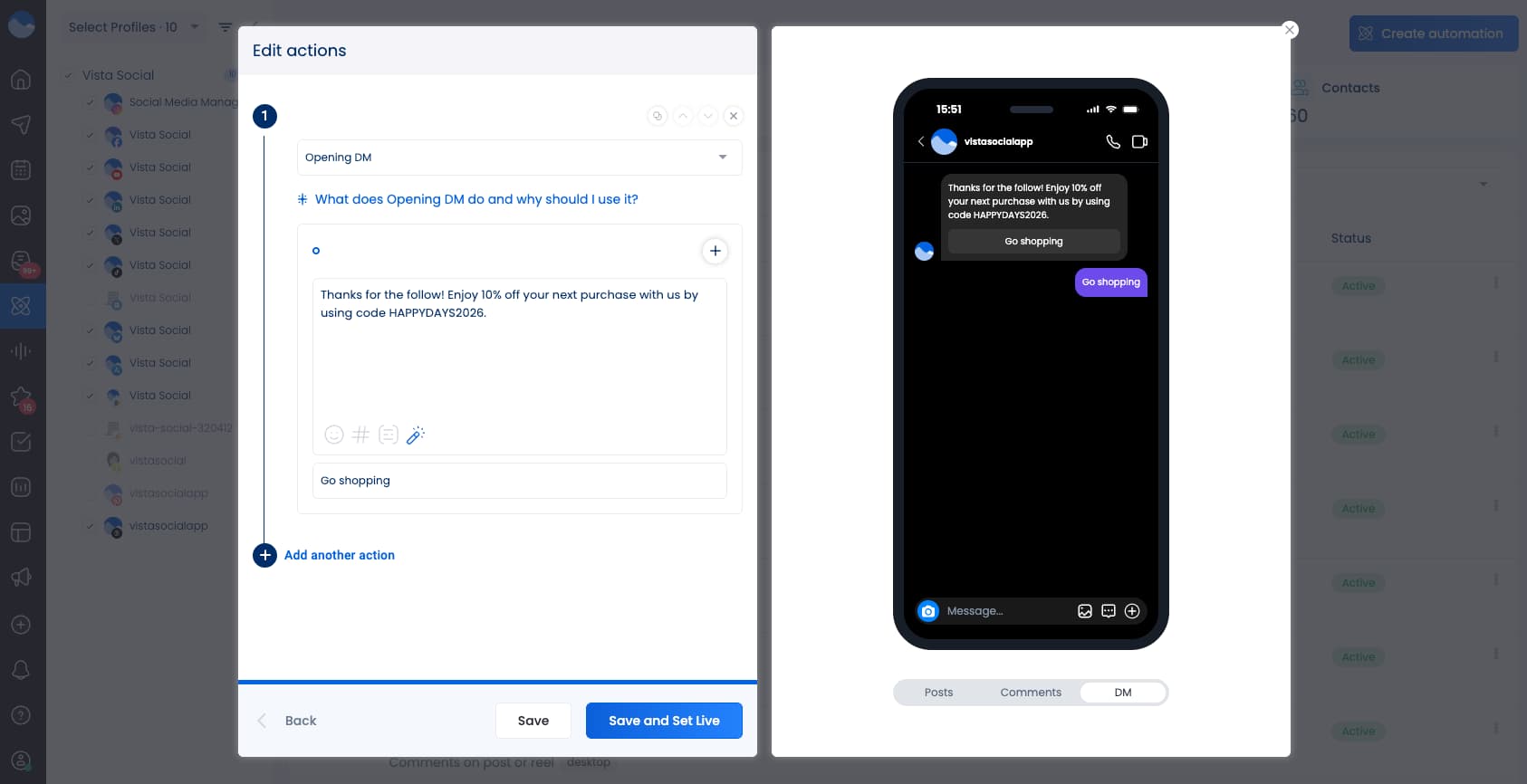 Where to input your DM automation action message that hands out your offer.