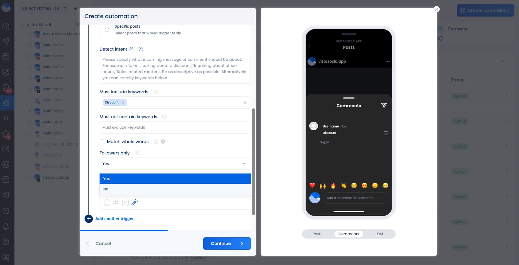 Where the "Followers only" option sits in the Vista Social DM automation interface.