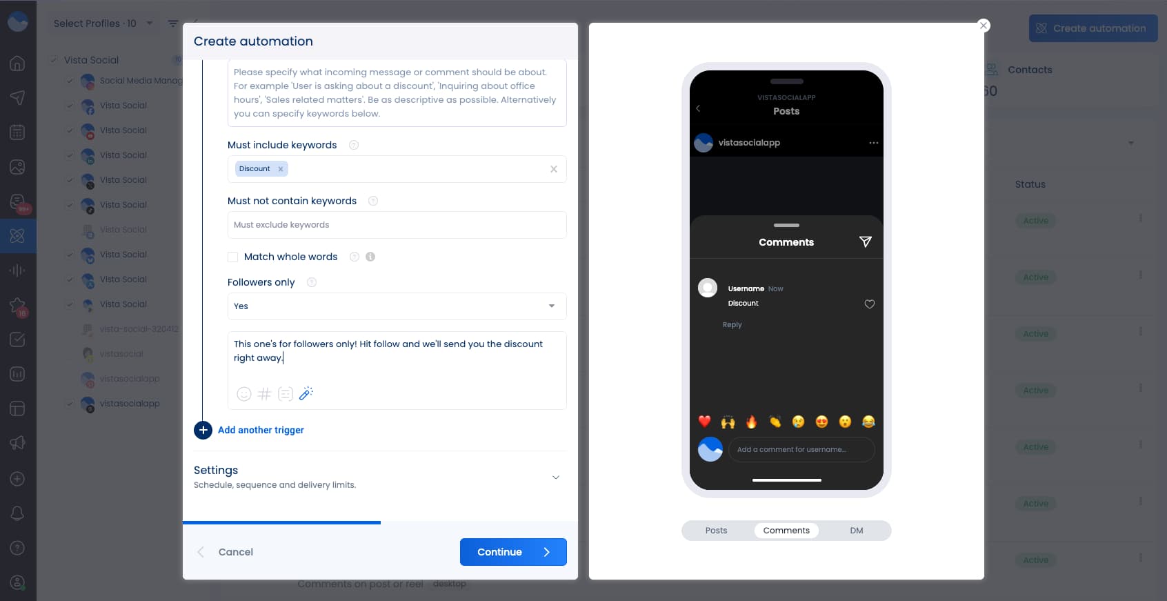 Where to input your follower prompt message in Vista Social's DM automation interface.