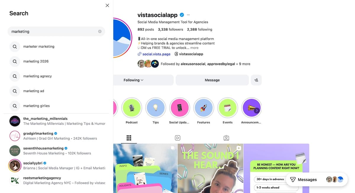 A screenshot of the search for "marketing" on Instagram desktop.