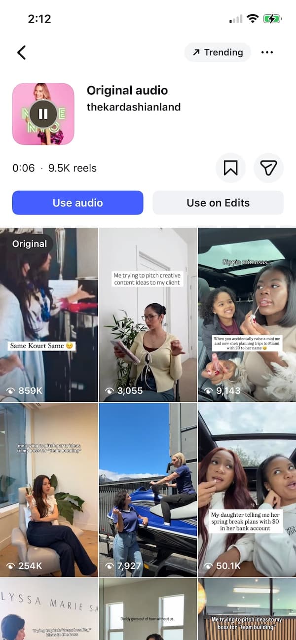 The interface in the Instagram mobile app where videos using the same audio clip pop up.