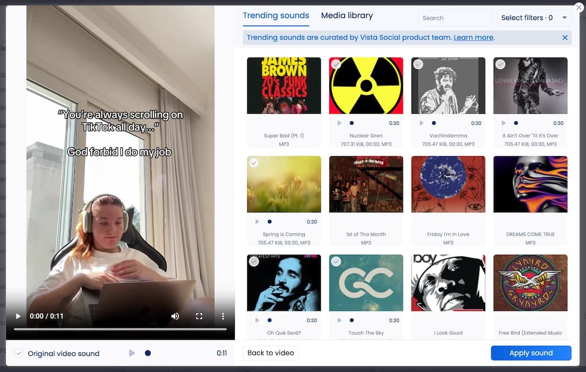 The trending sounds library available in Vista Social.
