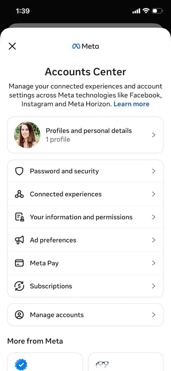 A screenshot of the Meta Accounts Center in the Instagram app.