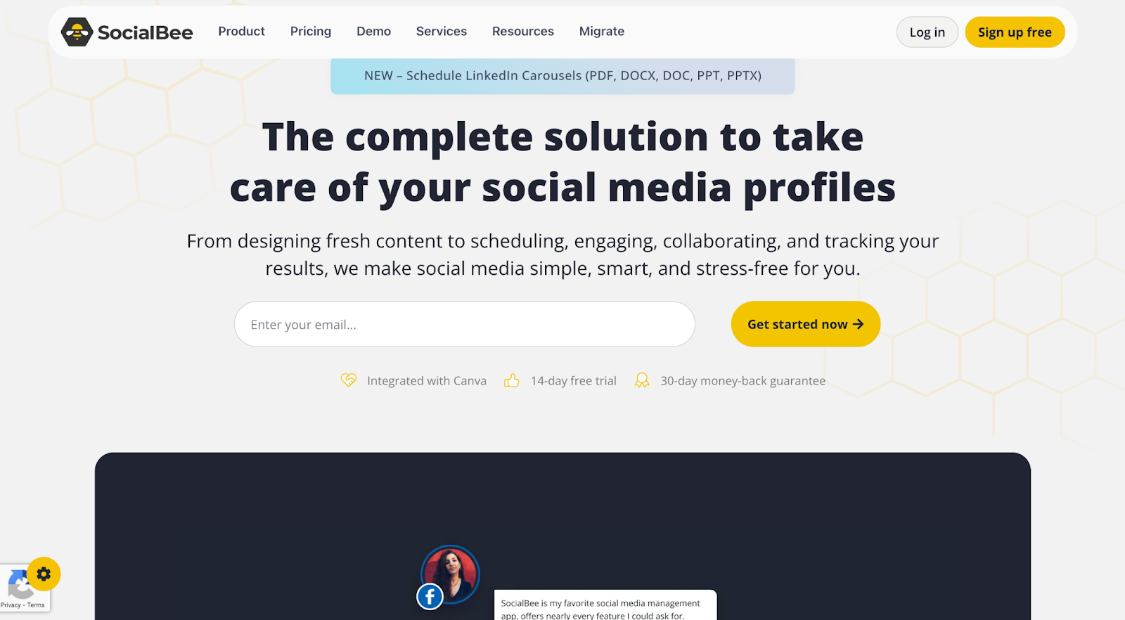A screenshot of X/Twitter analytics tool SocialBee's website.