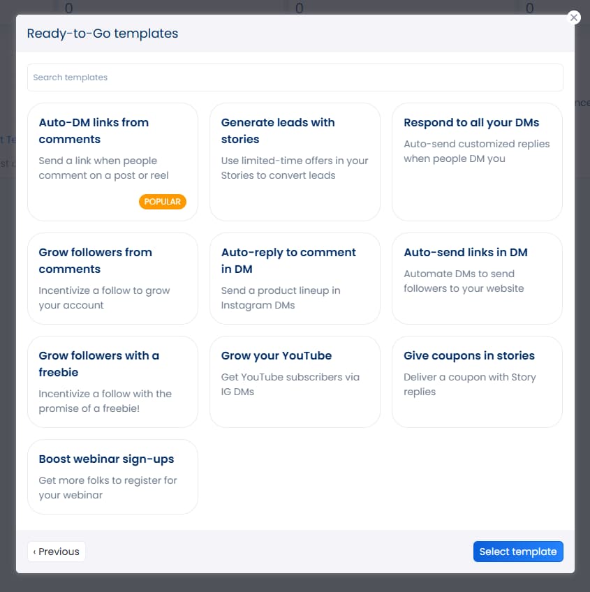 The available templates for creating DM automations in Vista Social.