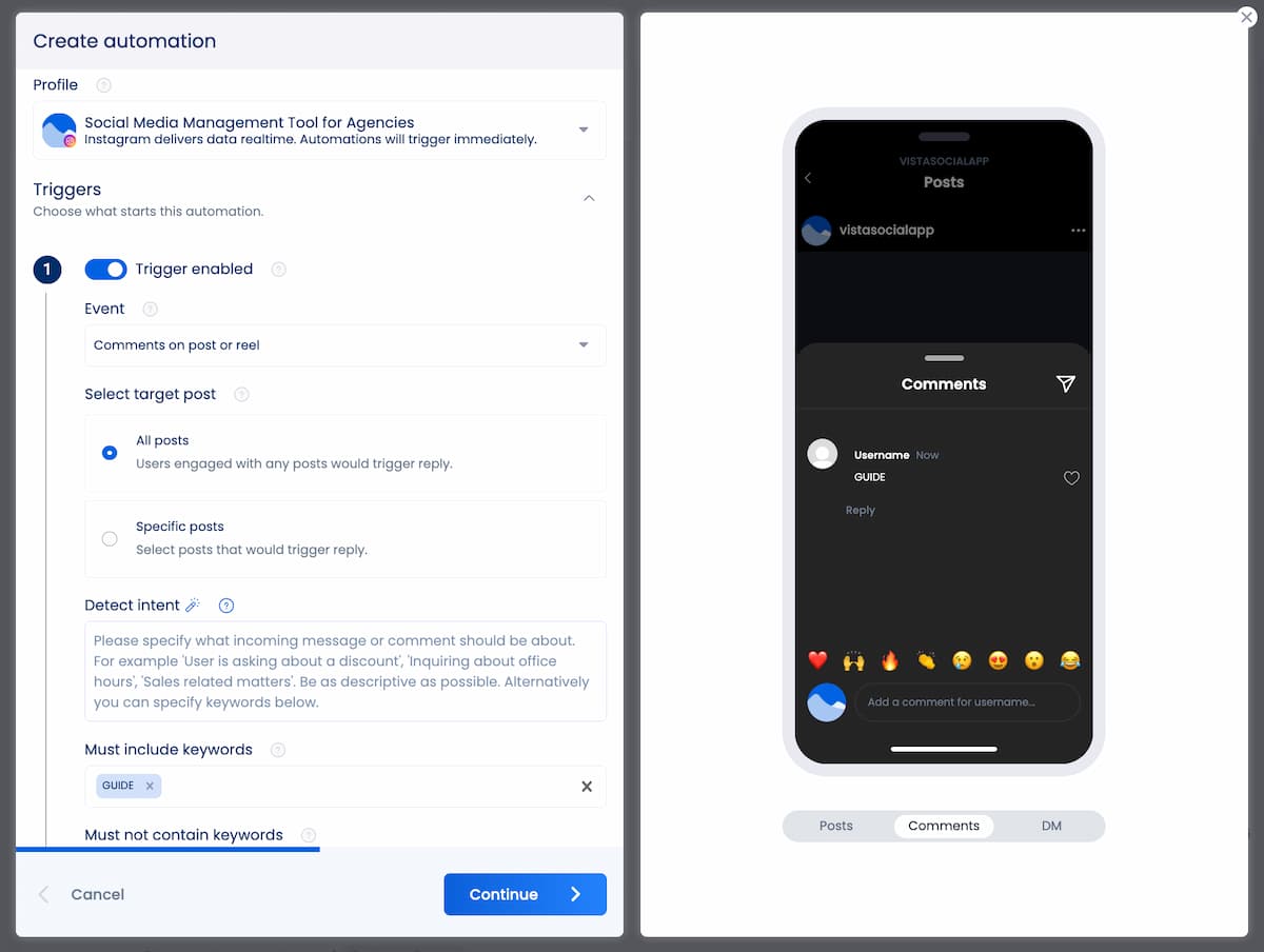 A screenshot showcasing how to set up the DM automation triggers for sending website traffic.