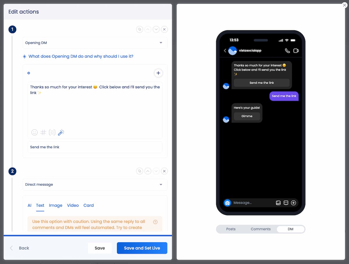 A screenshot showing the actions to set up for a DM automation meant to increase website traffic.