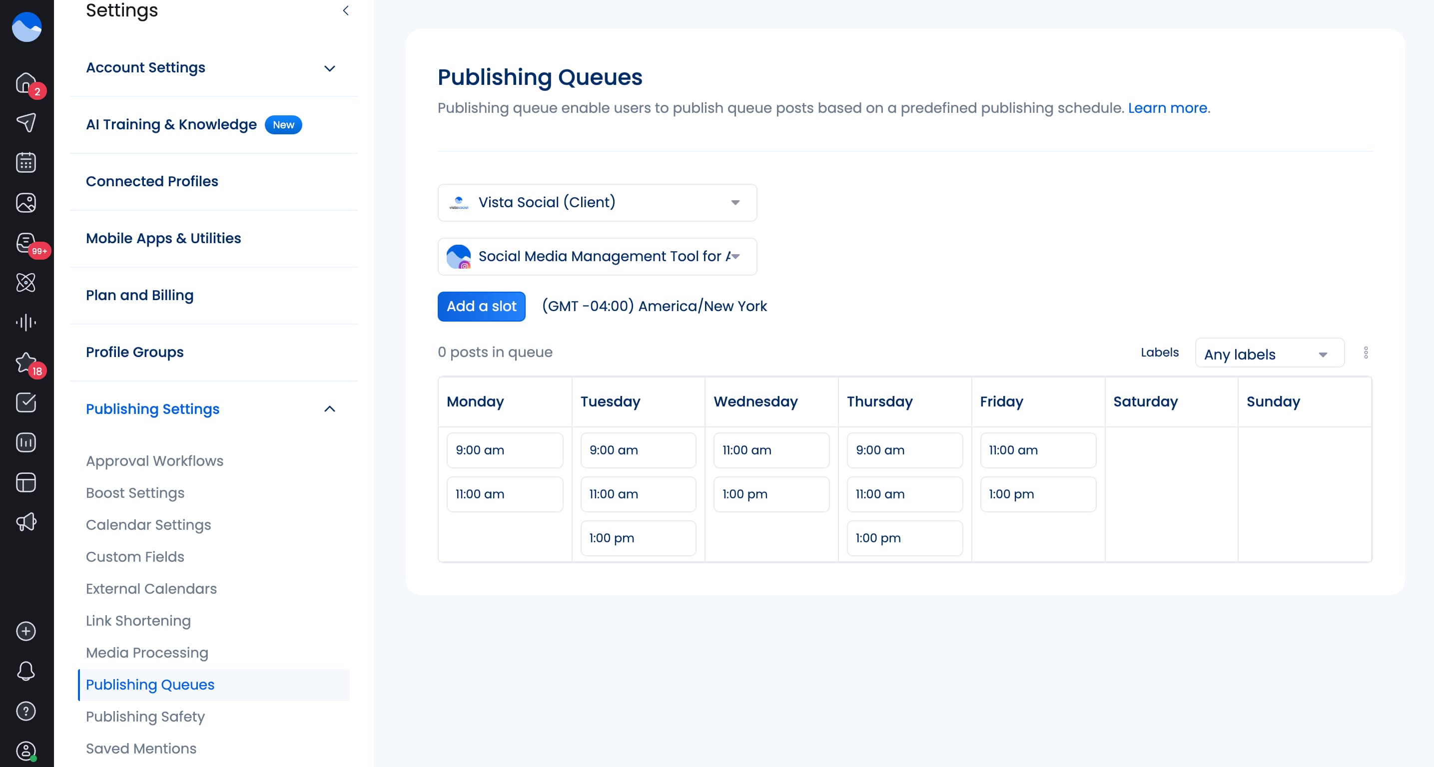 The publishing queue settings in Vista Social.
