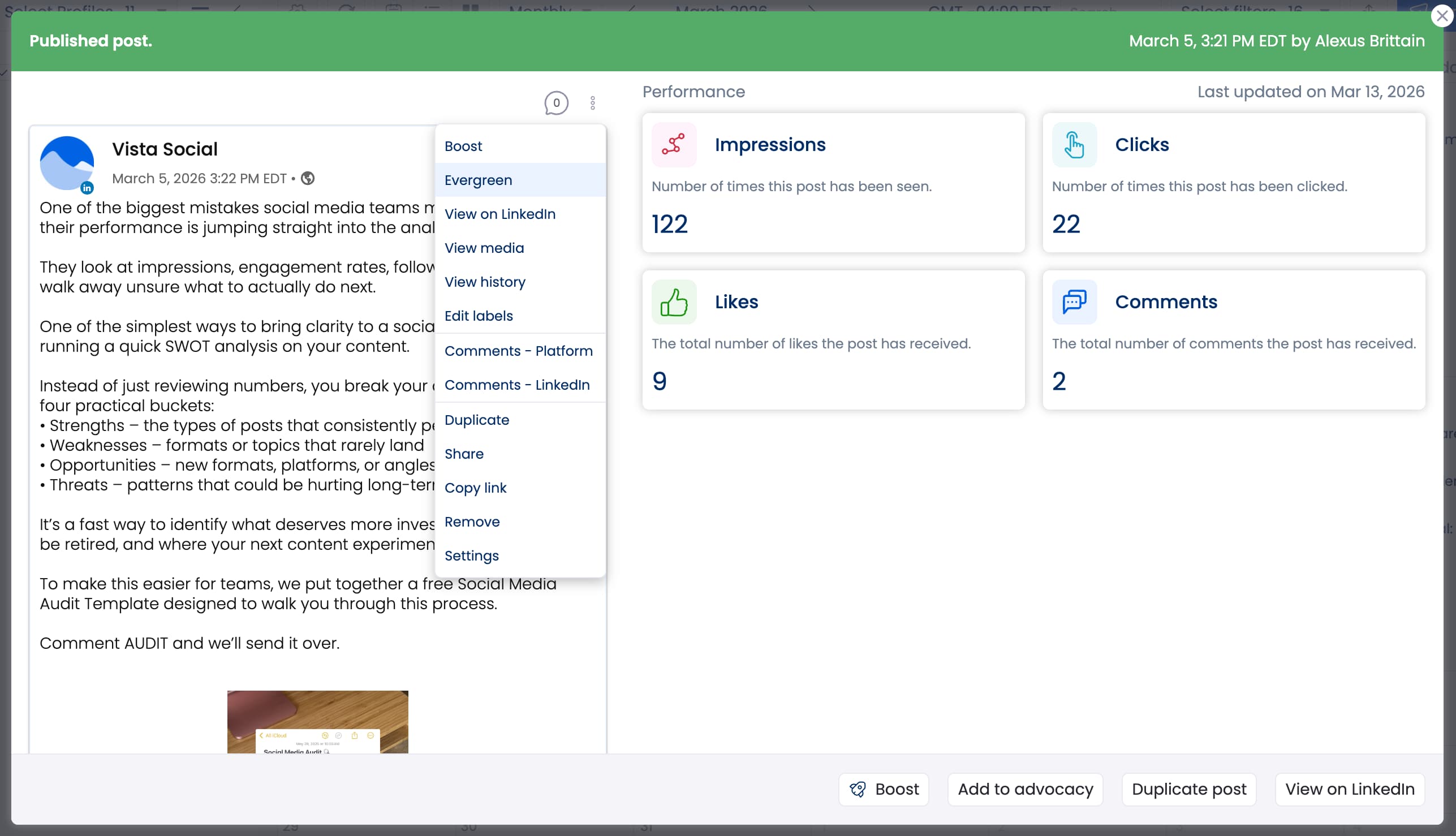 A post in the content calendar with its post settings menu open.